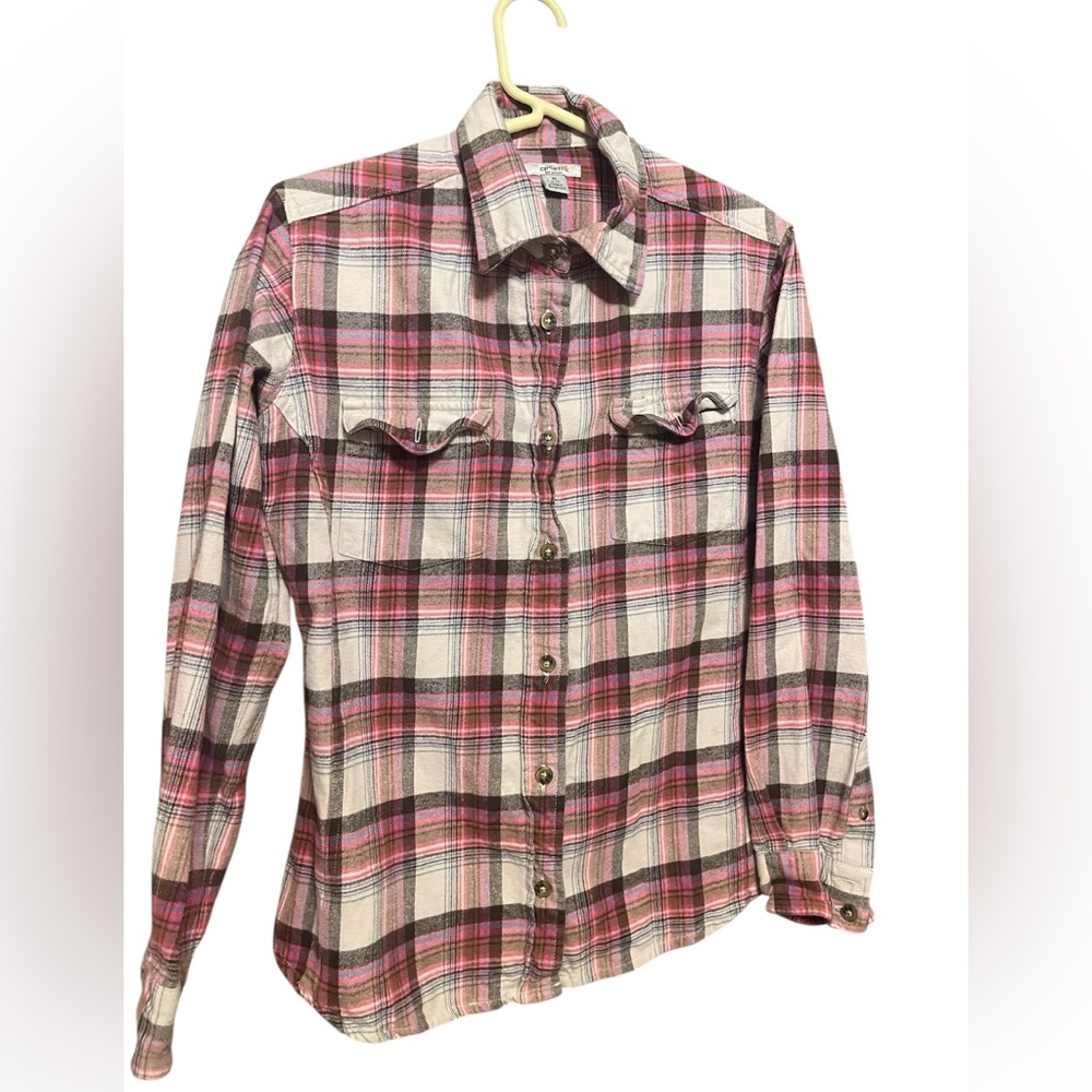 Carhartt Flannel Button-up Shirt Women’s Size Med 8-10 Long Sleeve Plaid Pink